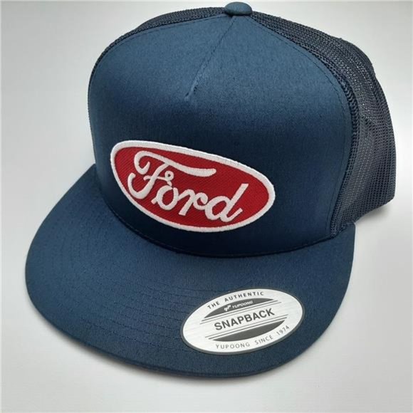 Ford Vintage Style Patch Flat Bill Baseball Cap Hat Embroidered Mesh Navy Blue - Picture 4 of 5